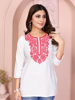 Rangita - Women Off White Rayon Embroidered Straight Short Length Kurti