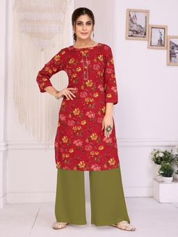 Rangita - Women Red Rayon Printed Straight Knee Length Kurta