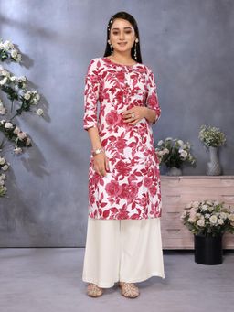 Rangita - Women Off White Rayon Printed Straight Knee Length Kurta