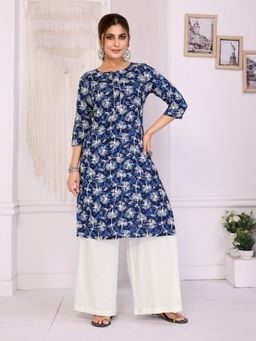 Rangita - Women Blue Rayon Printed Straight Knee Length Kurta
