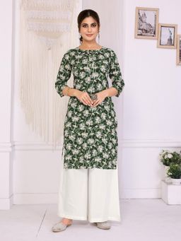 Rangita - Women Green Rayon Printed Straight Knee Length Kurta