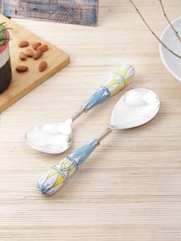 VarEesha - Blue Yellow Ceramic Handle Steel Serving Spoons Set of Two