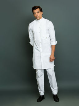 Echke - Front Pleated Patch of Pocket White Co-Ord (Set of 2)