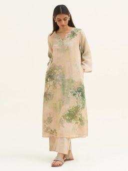 Ganga Fashions - Beige & Green Printed Linen Co-Ord (Set of 2)