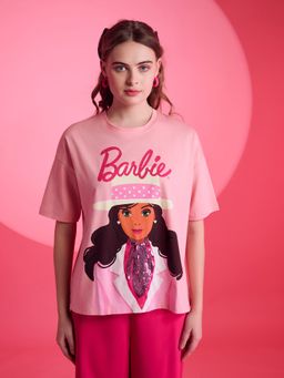 Kazo - Barbie Mattel Pink Printed Graphic T-Shirt With Sequin Work