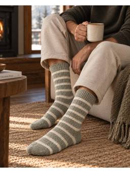 Mint & Oak - Men's Dark Grey Striped Thermal Crew-Length Socks For Winter