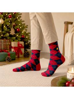 Mint & Oak - Red Xmas Argyle Crew Socks For Men