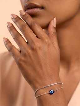 925 SILLER - 925 Pure Silver Dual-Chain Evil Eye Bracelet - Minimalist Box Chain and Bead Fusion