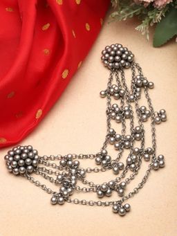 Moedbuille - Handcrafted Ghungroo Studded Multi Layered Oxidised Silver Plated Bun Pin