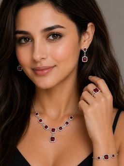 Axora Life - 925 Sterling Silver Premium Jewellery Set with Square Ruby Stones