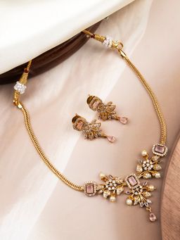 STILEADDA - Gold Plated Pink AD Flower Design Necklace Set