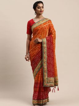 Vastranand - Red & Orange Poly Georgette Checked Bandhani Celebrity Saree with Unstitched Blouse