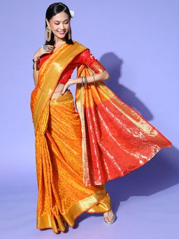 Odette - Silk Blend Yellow Woven Design Saree with Unstitched Blouse