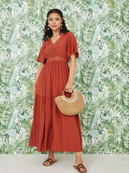 Styli - Rust Short Sleeves Lace Insert A-line Maxi Dress