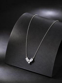 Ornate Jewels - 925 Silver Rhodium Plated American Diamond Trilogy Necklace for Women & Girls