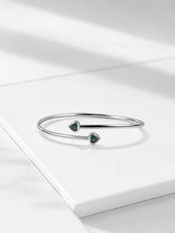 Ornate Jewels - 925 Silver Rhodium Plating Heart Green Emerald Cuff Bangle for Women & Girls