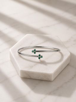Ornate Jewels - 925 Silver Rhodium Plating Green Emerald Cuff Flexible Bangle for Women & Girls