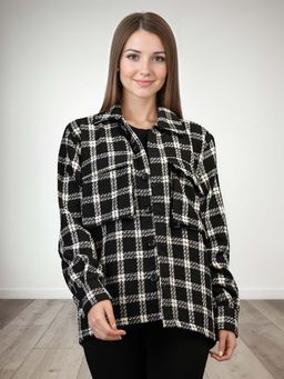 CHKOKKO - Women Black White Check Winter Shacket Collared Shirt Jacket