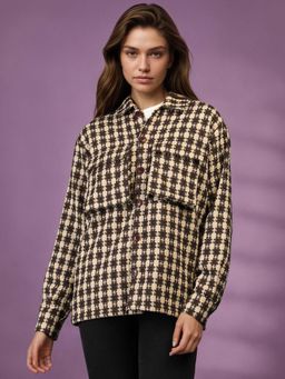 CHKOKKO - Women Brown Beige Check Winter Shacket Collared Shirt Jacket