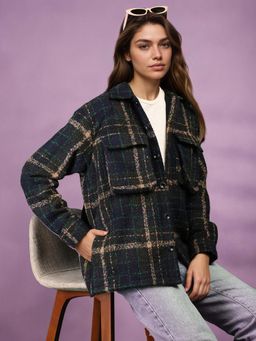 CHKOKKO - Women Navy Beige Check Winter Shacket Collared Shirt Jacket