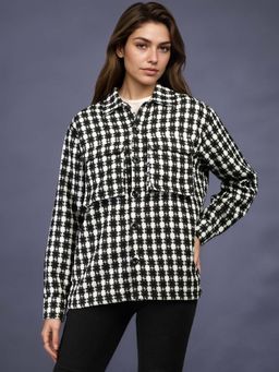 CHKOKKO - Women White Black Check Winter Shacket Collared Shirt Jacket