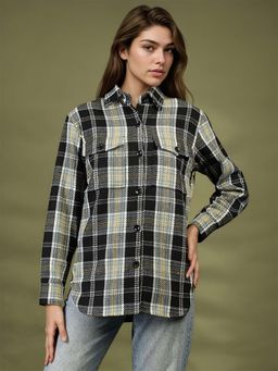CHKOKKO - Women Black Green Check Winter Shacket Collared Shirt Jacket