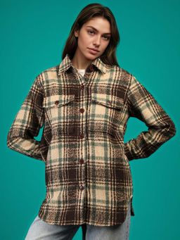 CHKOKKO - Women Brown Beige Check Winter Shacket Collared Shirt Jacket