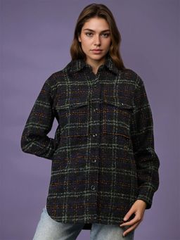 CHKOKKO - Women Navy Green Check Winter Shacket Collared Shirt Jacket