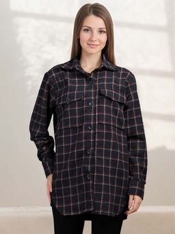 CHKOKKO - Women Navy Red Check Winter Shacket Collared Shirt Jacket