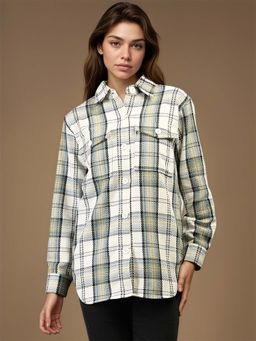 CHKOKKO - Women White Green Check Winter Shacket Collared Shirt Jacket