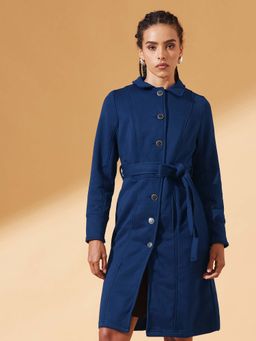 DOLCE CRUDO - Womens Navy Blue Collared Full Sleeve Solid Tie-Up Longline Jacket