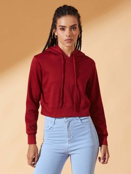 DOLCE CRUDO - Womens Maroon Solid Crop Sweatshirt