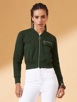 DOLCE CRUDO - Womens Green Stand Collar Full Sleeves Bomber Jacket