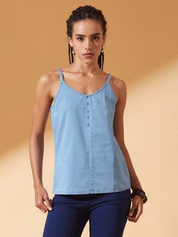 DOLCE CRUDO - Womens Light Blue Cotton Solid Denim Spaghetti Top