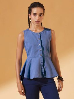 DOLCE CRUDO - Womens Blue Denim Front Open Hooded Peplum Top