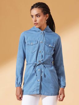 DOLCE CRUDO - Womens Light Blue Full Sleeve Long Hoodie With Tie-Up Jacket