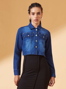 DOLCE CRUDO - Womens Navy Blue Full Sleeves Denim Embellished Cropped Jacket
