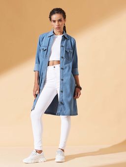 DOLCE CRUDO - Womens Blue Polo Neck Full Sleeves Denim Knee-Long Overcoat