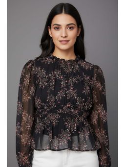 NOBARR - Womens Polyester Black Floral Sheer Peplum Top