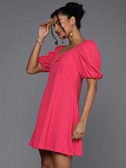 Style Quotient - Women Pink Puff Sleeves Dress With Twisted Detail