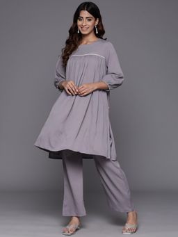 Varanga - Women Grey Cotton Lace And Gather Detailed Co-Ord (Set of 2)