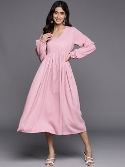 Varanga - Women Pink V-Neck Bishop Sleeves Gathered Details Calf Length A-Line Dress Flared Hem