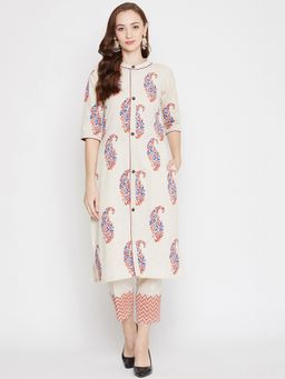 WineRed - Women Off White Cotton Paisley Kurta with Pant