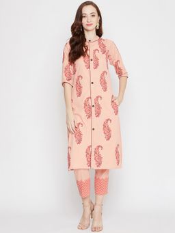 WineRed - Women Peach Cotton Paisley Kurta with Pant