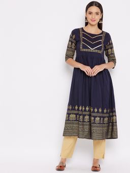 WineRed - Women Blue Floral Flared Kurta