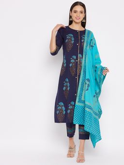 WineRed - Women Navy Blue Cotton Floral Kurta with Pant and Dupatta
