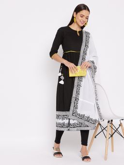 WineRed - Women Black Cotton Floral Kurta with Leggings and Dupatta