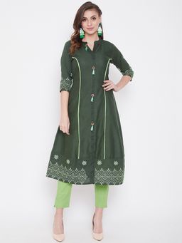 WineRed - Women Green Embroidered A-Line Kurta