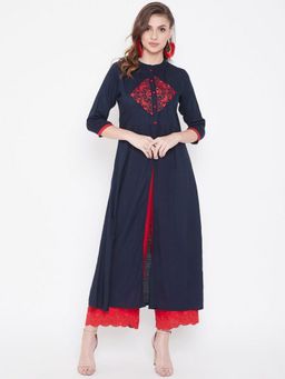 WineRed - Women Blue Embroidered A-Line Kurta