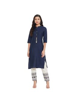 WineRed - Women Navy Blue Cotton Geometric Kurta with Pant